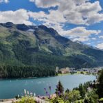 Engadine, St. Moritz, view from Kulm Hotel over Palace Hotel and Lake of St. Moritz